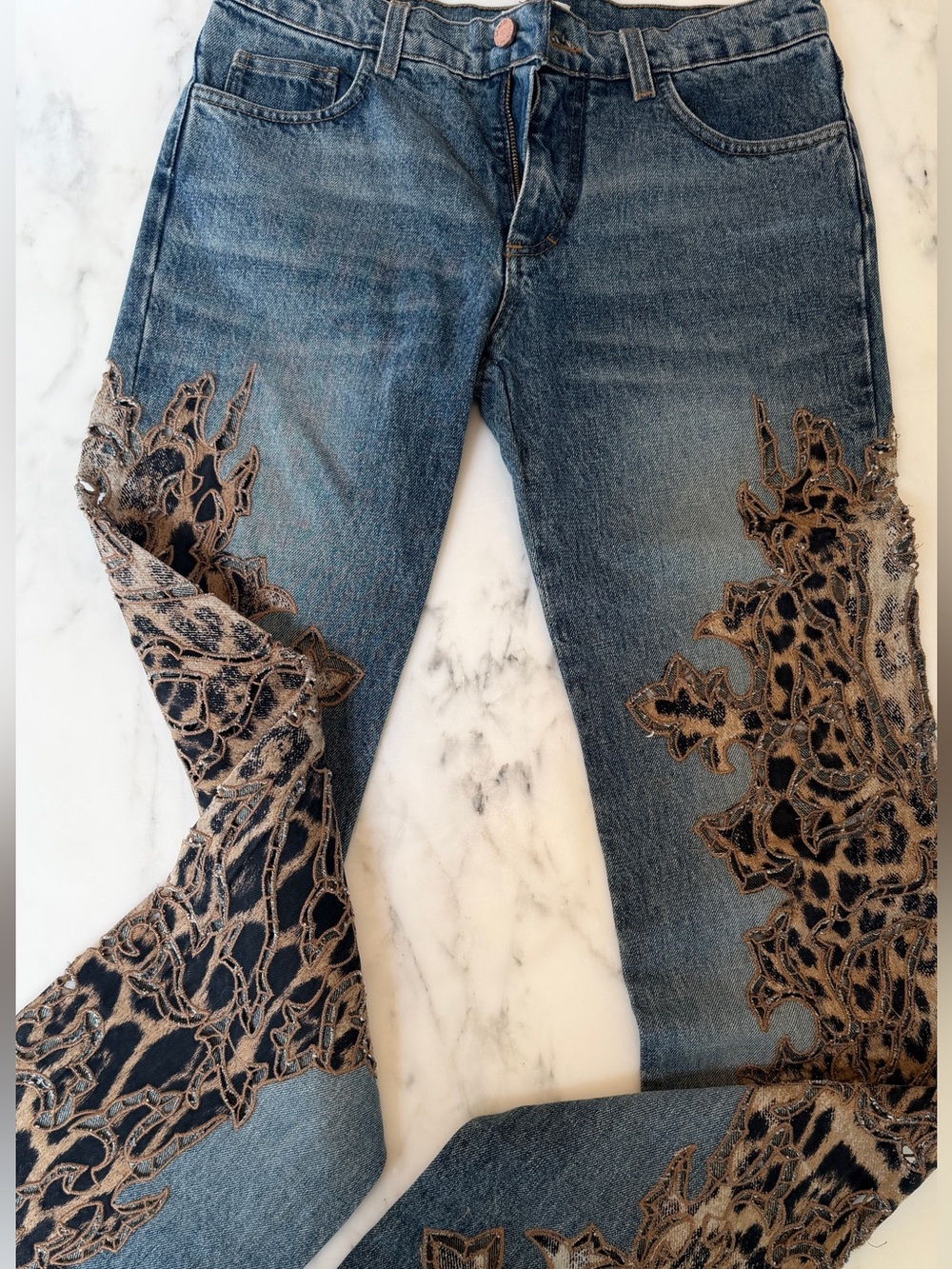 Womens Blue Denim Jeans with Brown Lace Appliqué